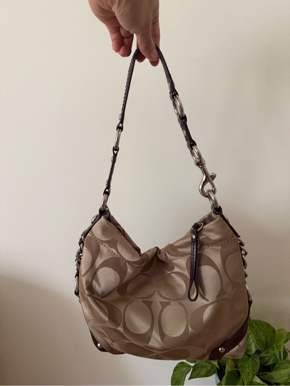 Coach Taupe Signature Jacquard Shoulder Bag with Dark Brown Trim